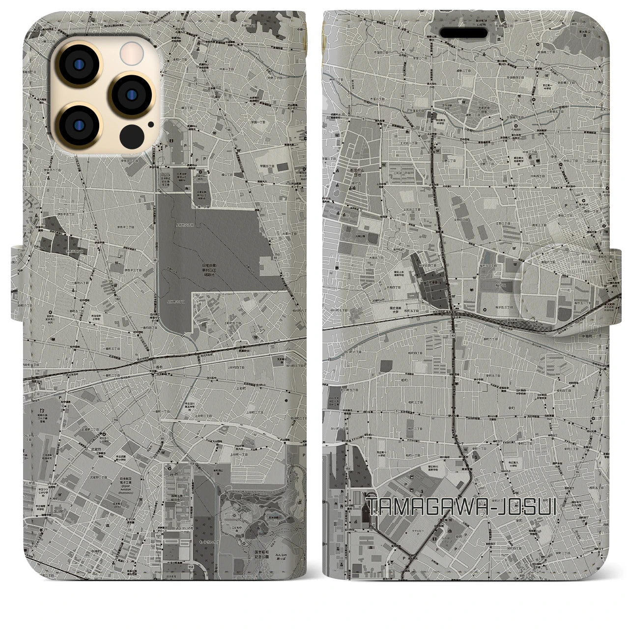【玉川上水(東京都)】地図柄iPhoneケース(手帳タイプ)モノトーン・iPhone 12 Pro Max 用