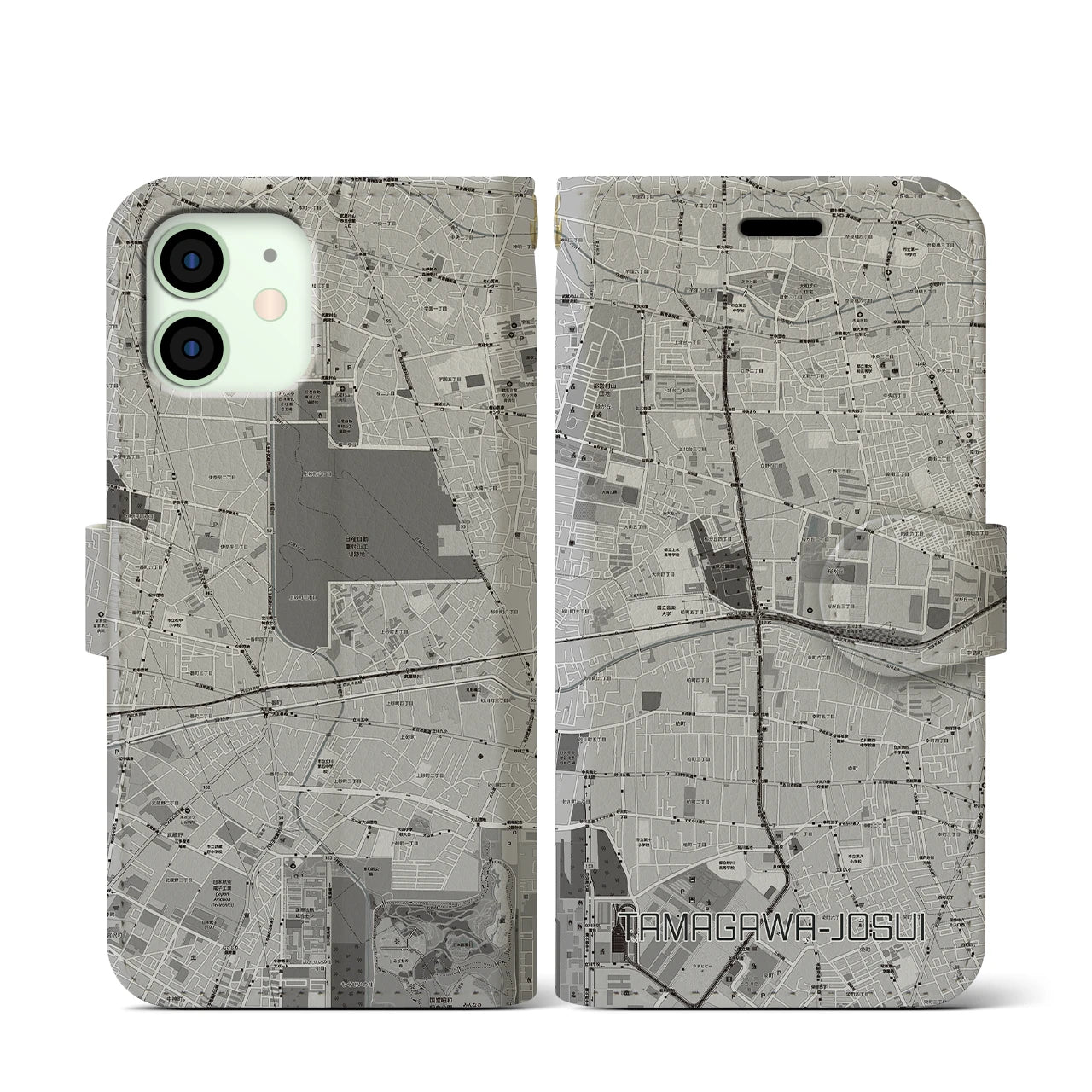 【玉川上水(東京都)】地図柄iPhoneケース(手帳タイプ)モノトーン・iPhone 12 mini 用