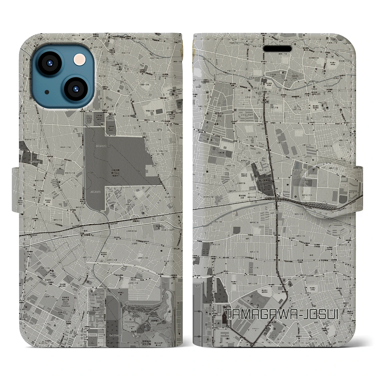 【玉川上水(東京都)】地図柄iPhoneケース(手帳タイプ)モノトーン・iPhone 13 用