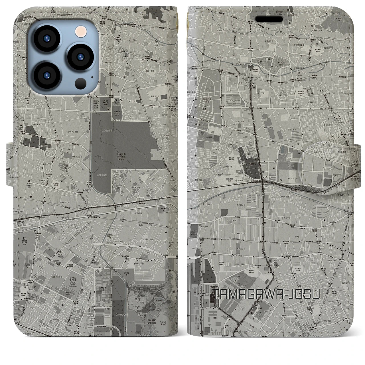 【玉川上水(東京都)】地図柄iPhoneケース(手帳タイプ)モノトーン・iPhone 13 Pro Max 用