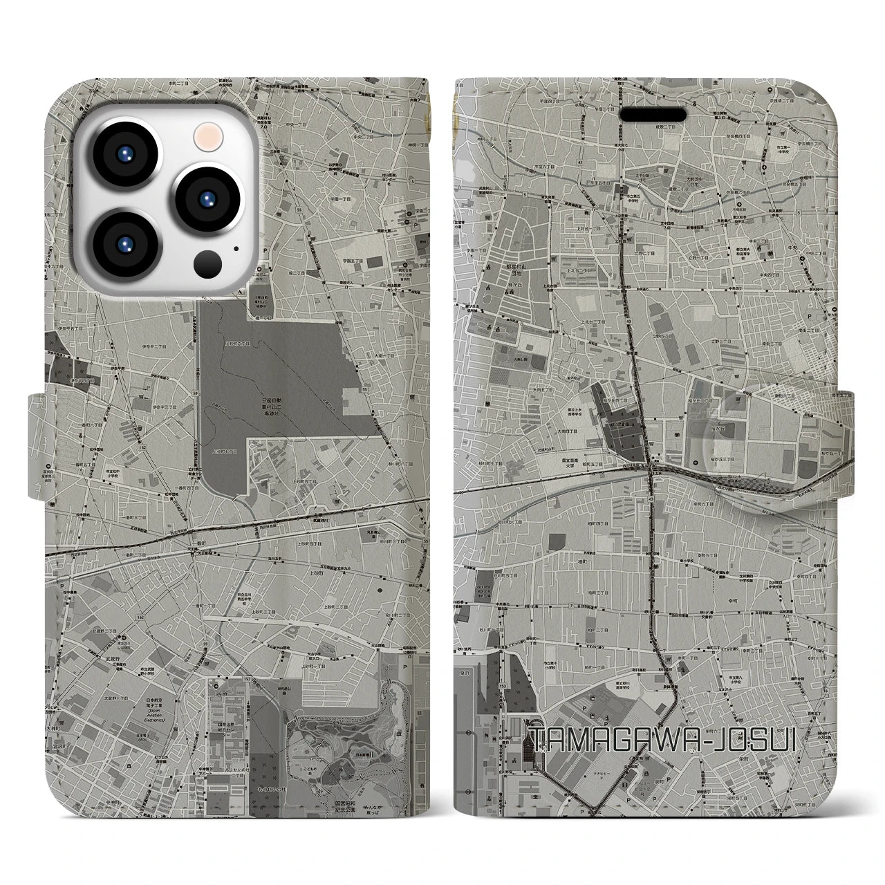 【玉川上水(東京都)】地図柄iPhoneケース(手帳タイプ)モノトーン・iPhone 13 Pro 用