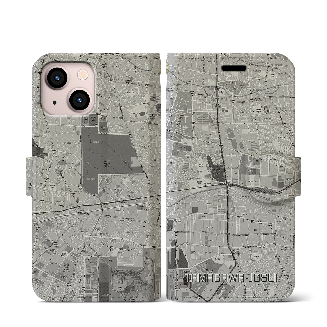 【玉川上水(東京都)】地図柄iPhoneケース(手帳タイプ)モノトーン・iPhone 13 mini 用