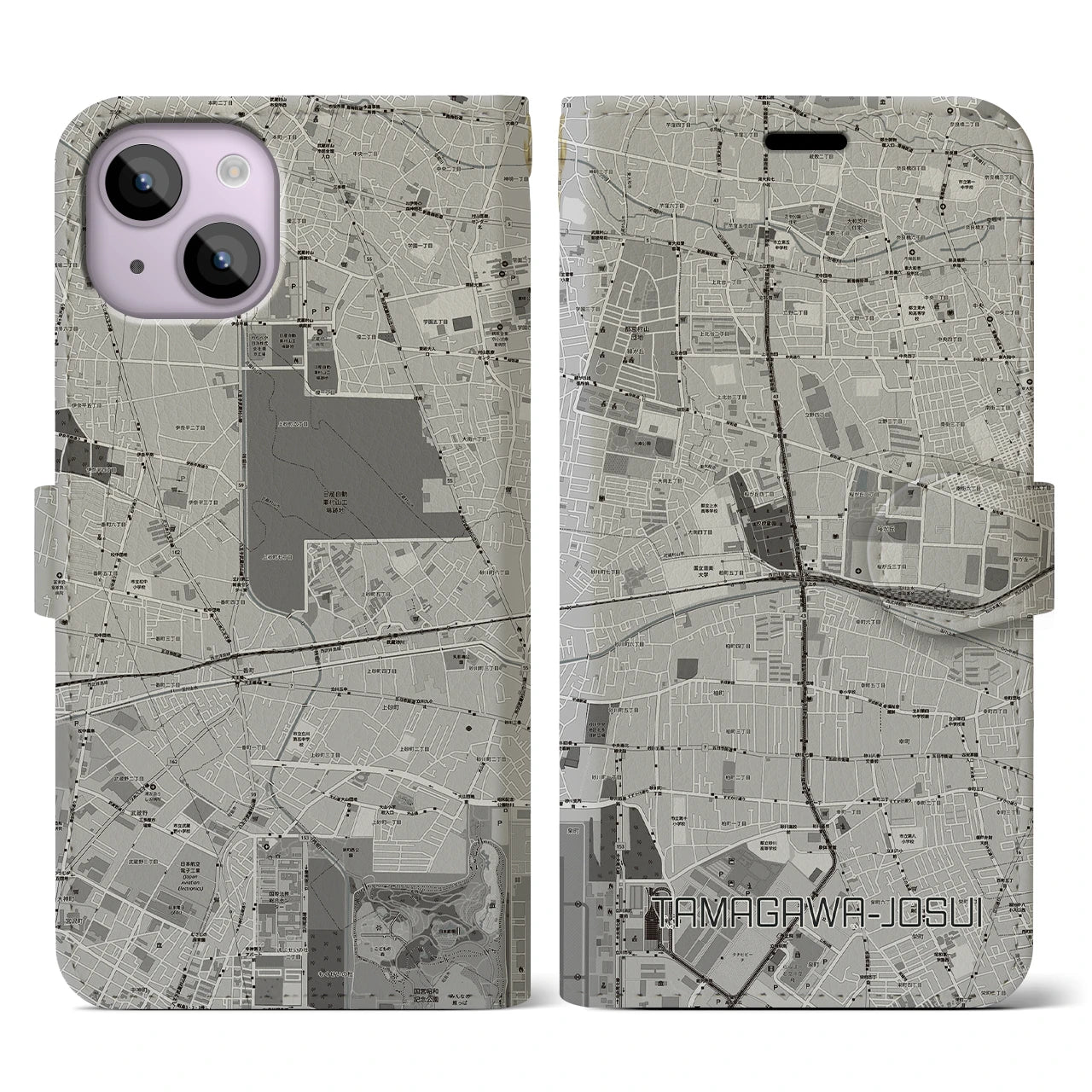 【玉川上水(東京都)】地図柄iPhoneケース(手帳タイプ)モノトーン・iPhone 14 用
