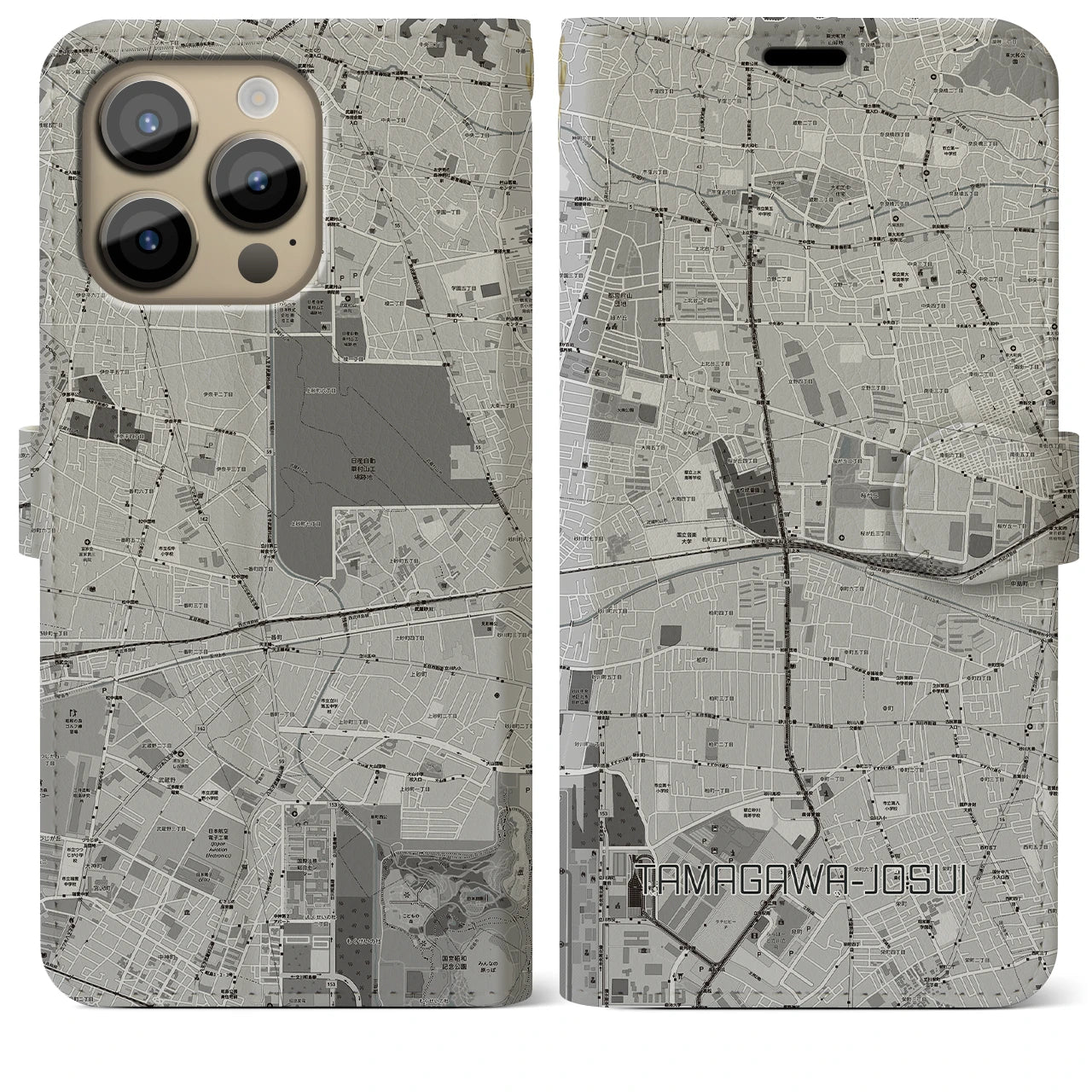 【玉川上水(東京都)】地図柄iPhoneケース(手帳タイプ)モノトーン・iPhone 14 Pro Max 用
