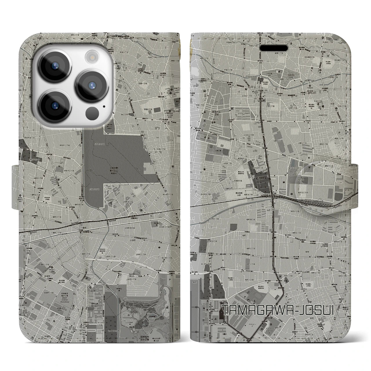 【玉川上水(東京都)】地図柄iPhoneケース(手帳タイプ)モノトーン・iPhone 14 Pro 用