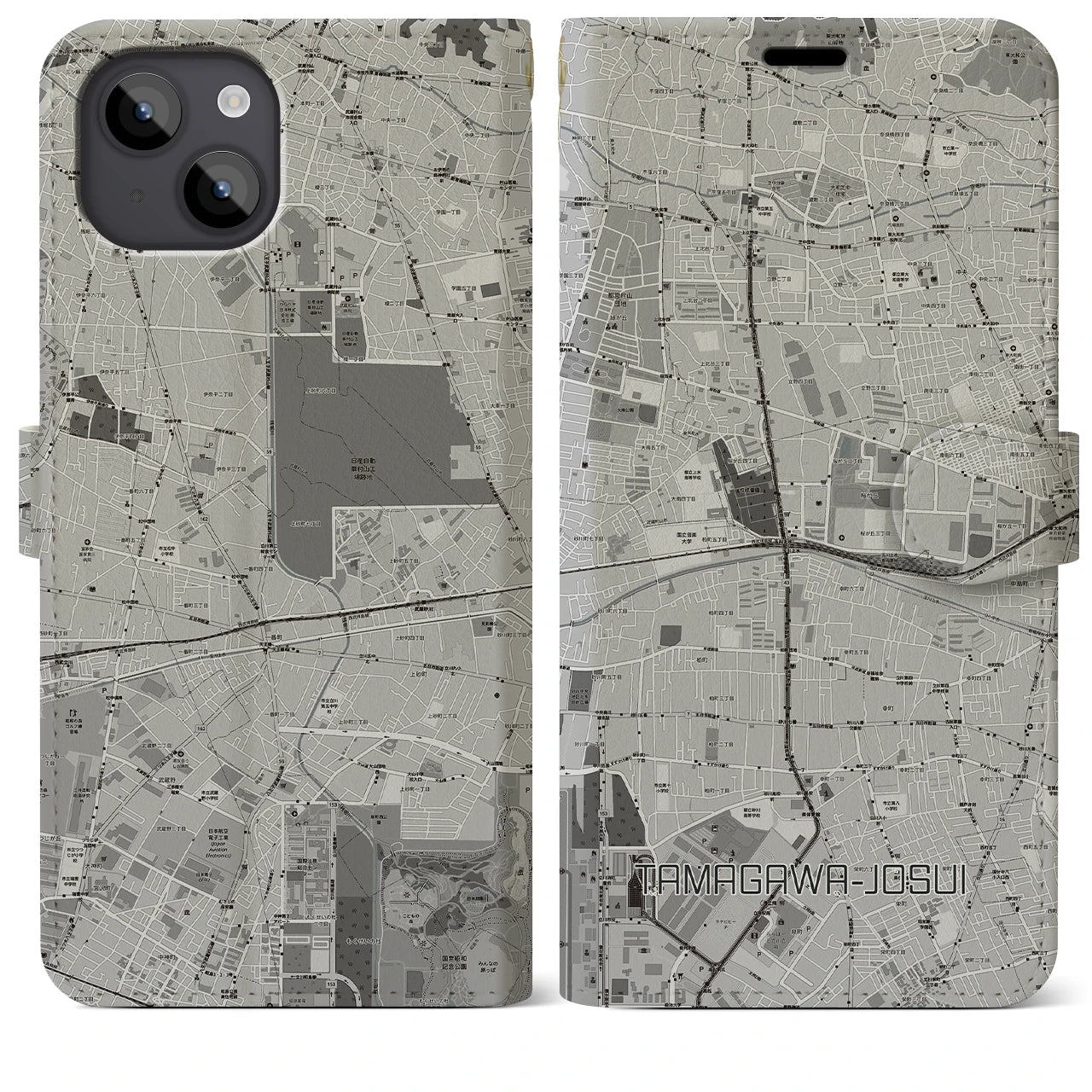 【玉川上水(東京都)】地図柄iPhoneケース(手帳タイプ)モノトーン・iPhone 14 Plus 用