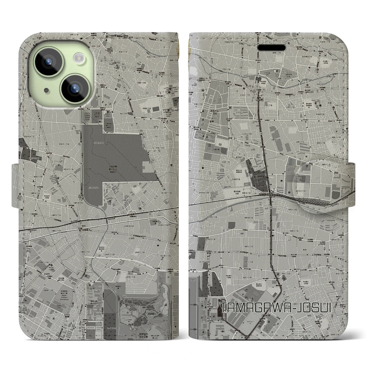 【玉川上水(東京都)】地図柄iPhoneケース(手帳タイプ)モノトーン・iPhone 15 用