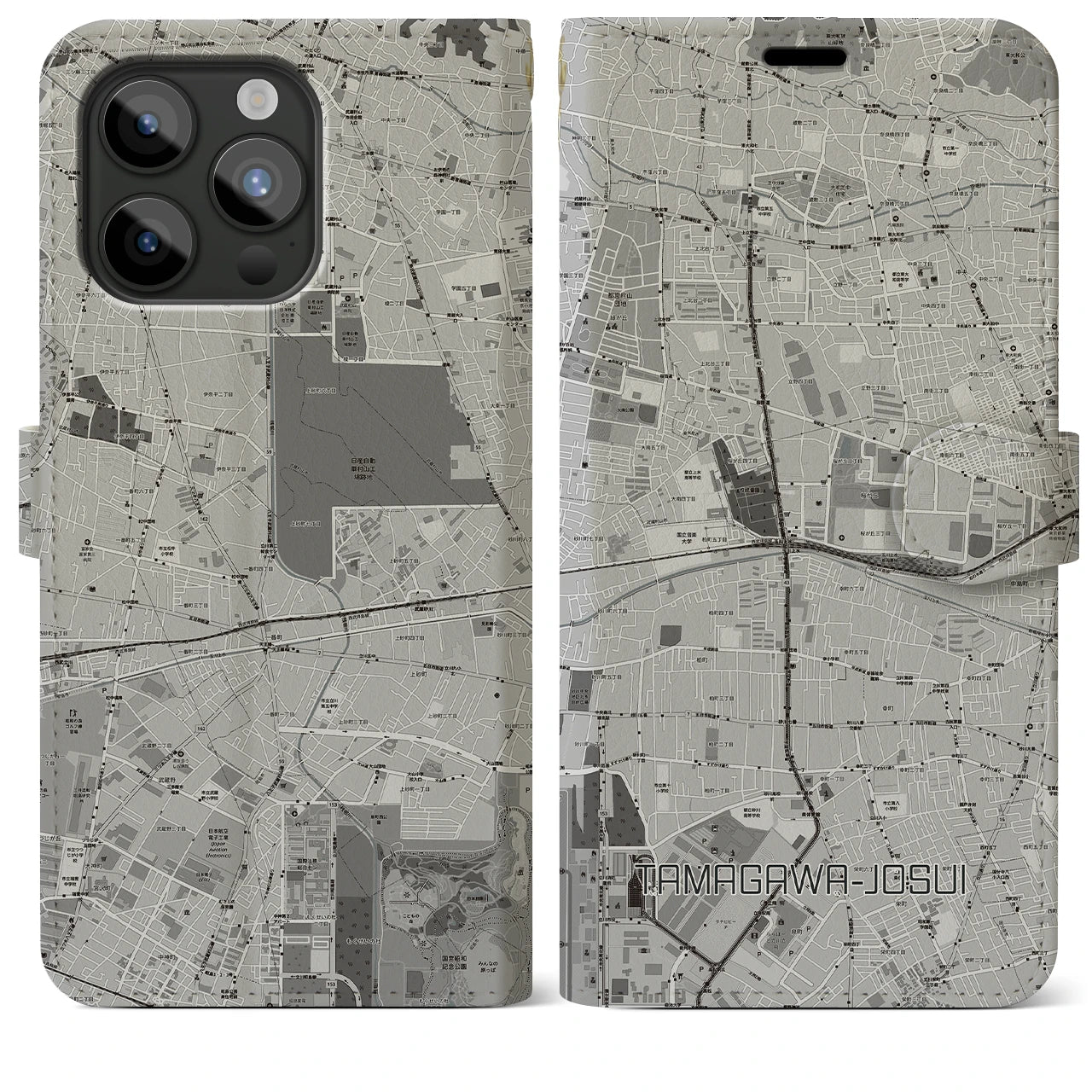 【玉川上水(東京都)】地図柄iPhoneケース(手帳タイプ)モノトーン・iPhone 15 Pro Max 用