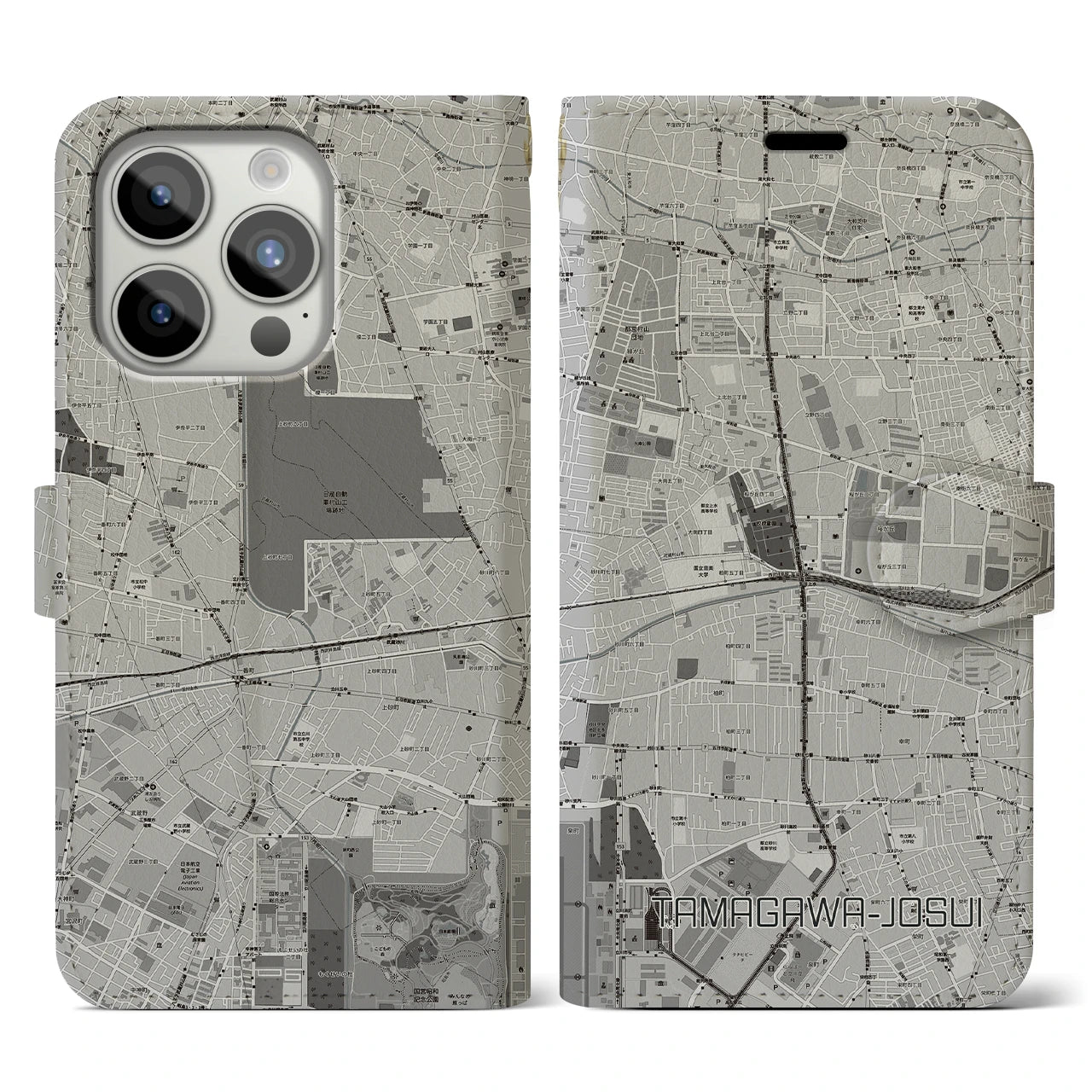 【玉川上水(東京都)】地図柄iPhoneケース(手帳タイプ)モノトーン・iPhone 15 Pro 用