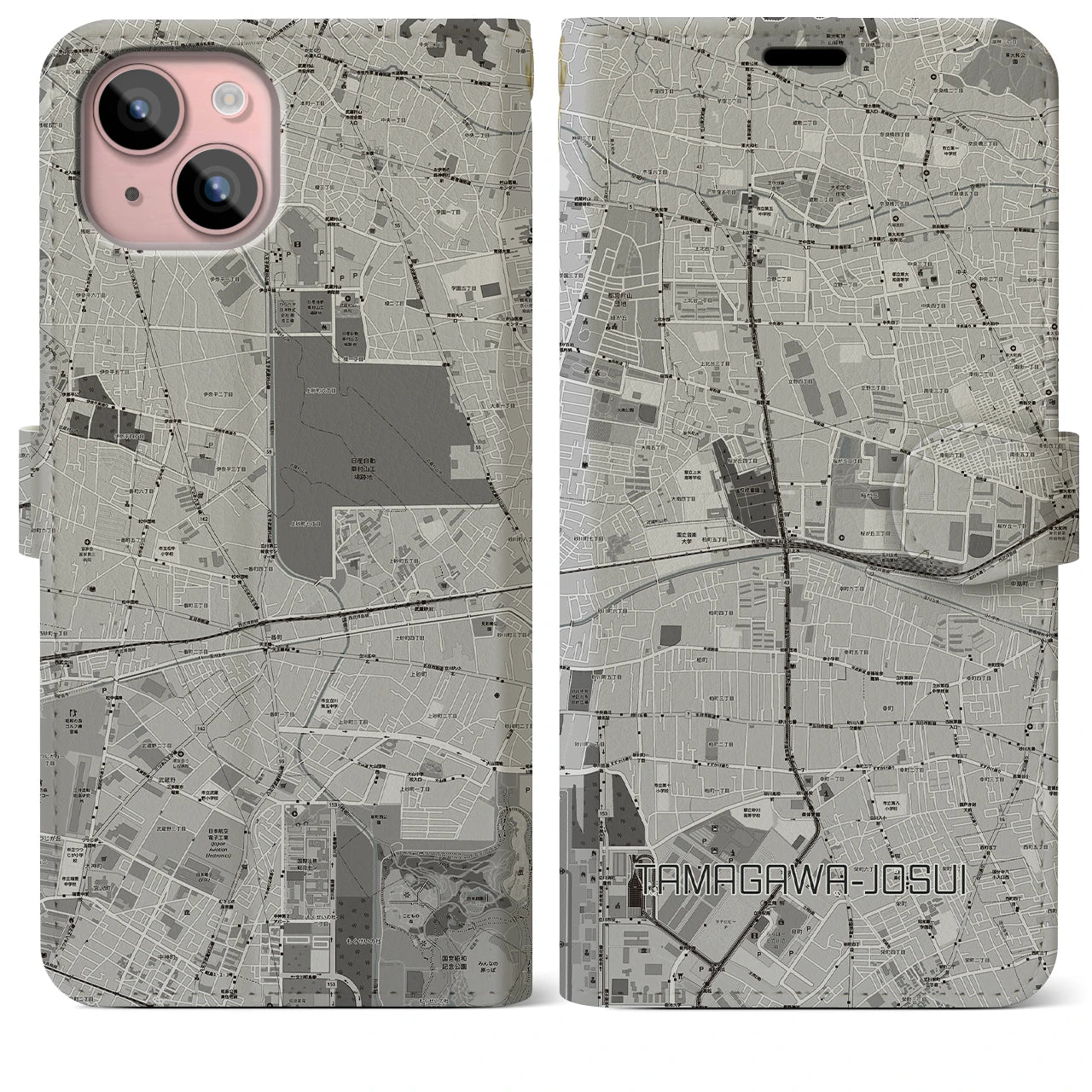【玉川上水(東京都)】地図柄iPhoneケース(手帳タイプ)モノトーン・iPhone 15 Plus 用