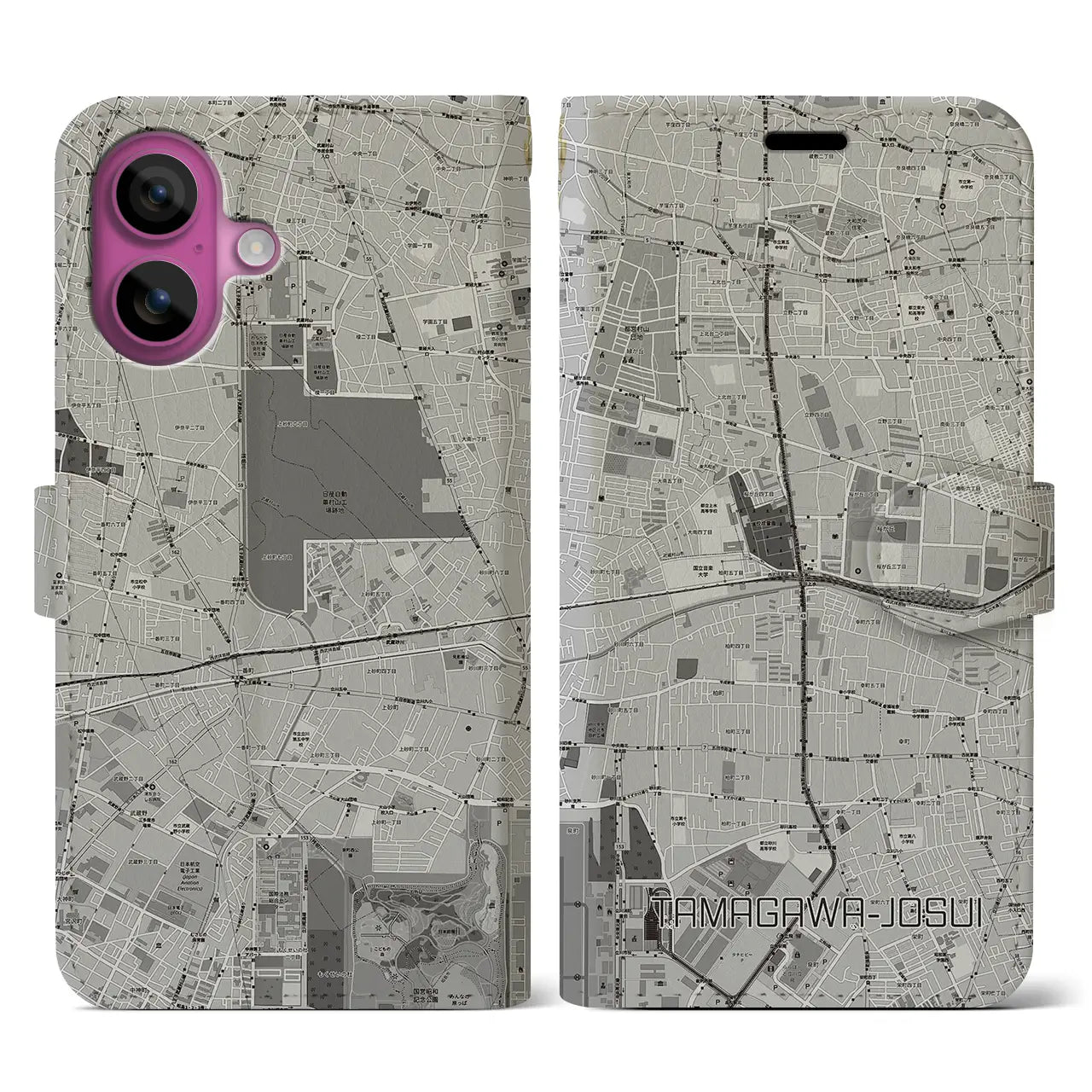 【玉川上水(東京都)】地図柄iPhoneケース(手帳タイプ)モノトーン・iPhone 16 Pro 用