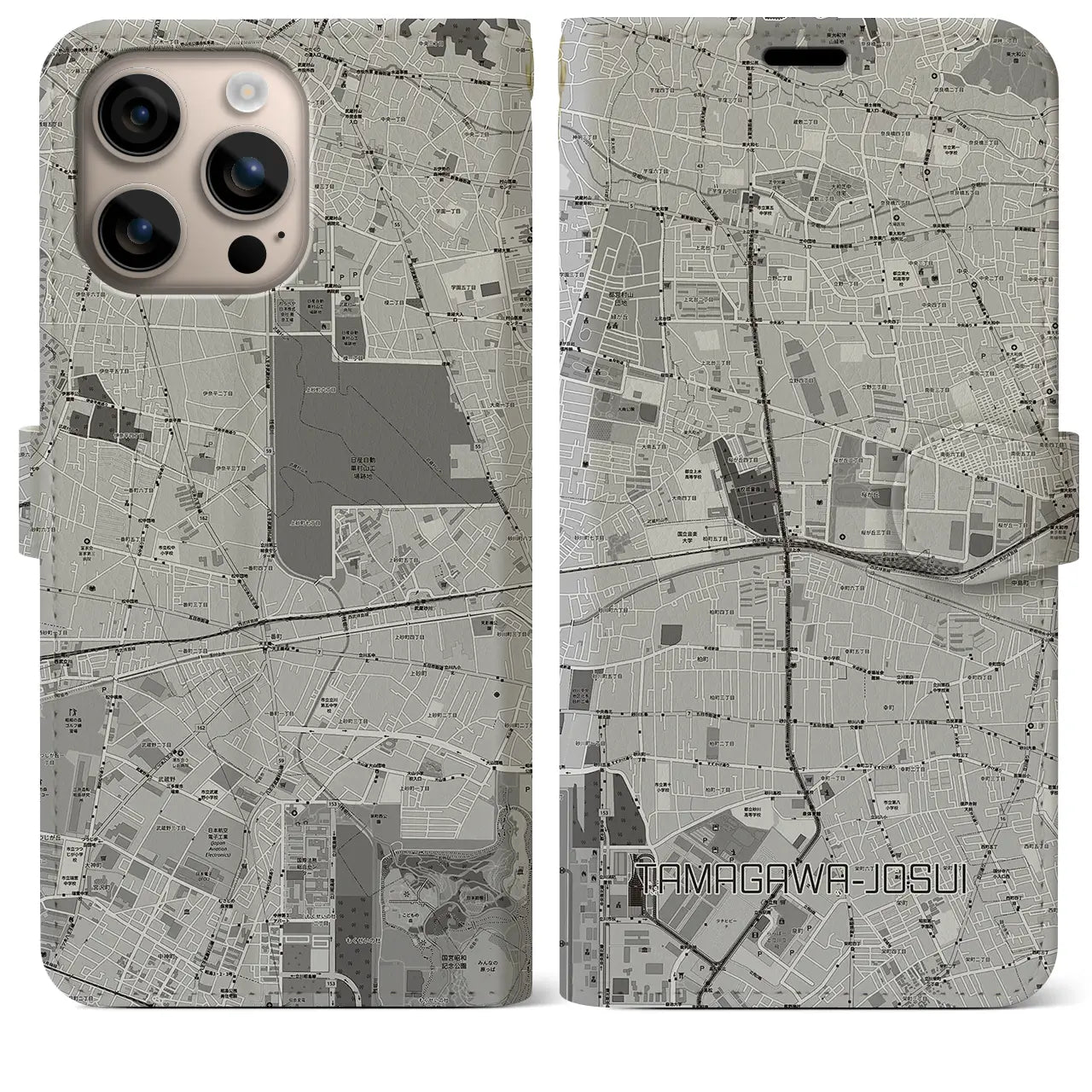 【玉川上水(東京都)】地図柄iPhoneケース(手帳タイプ)モノトーン・iPhone 16 Plus 用