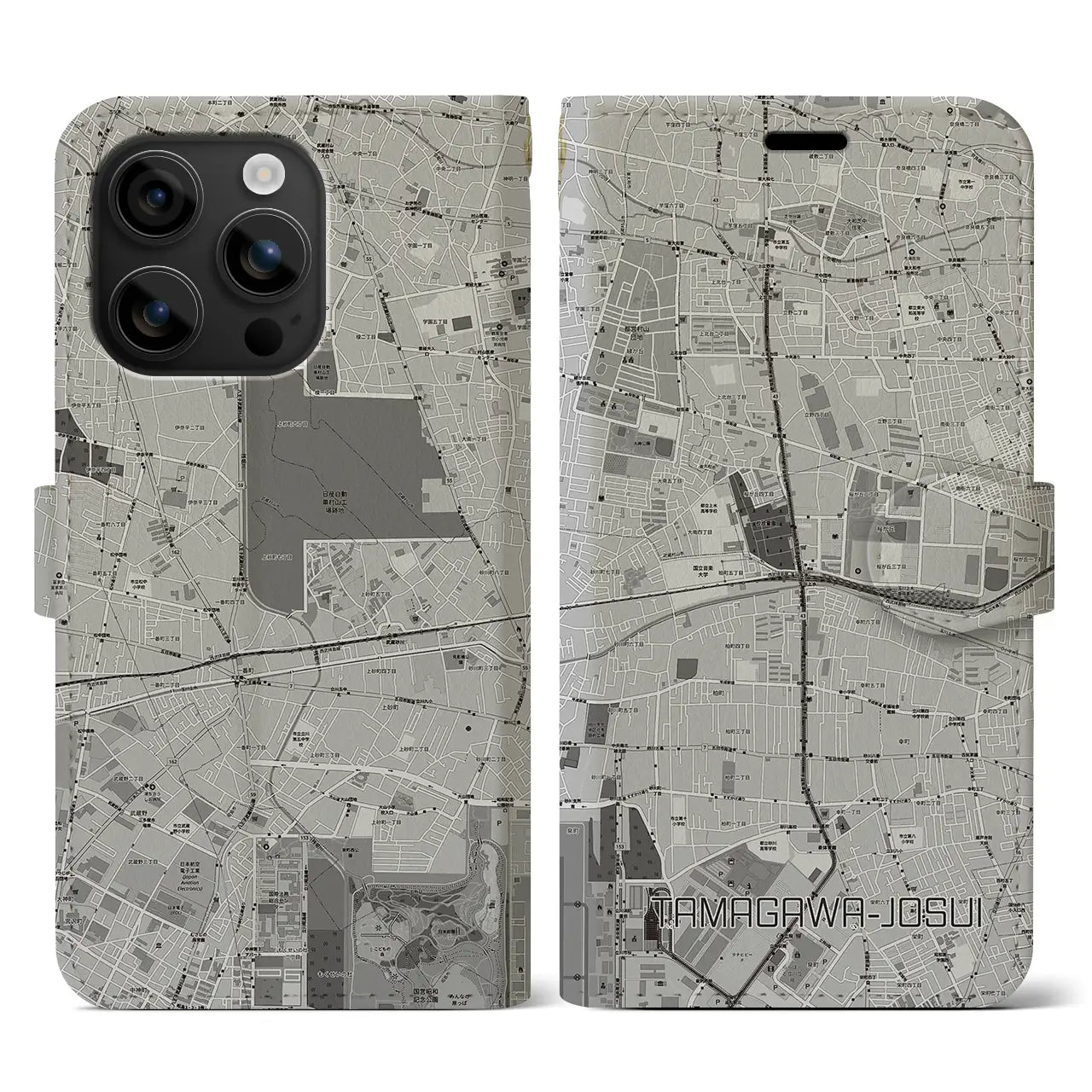 【玉川上水(東京都)】地図柄iPhoneケース(手帳タイプ)モノトーン・iPhone 16 用
