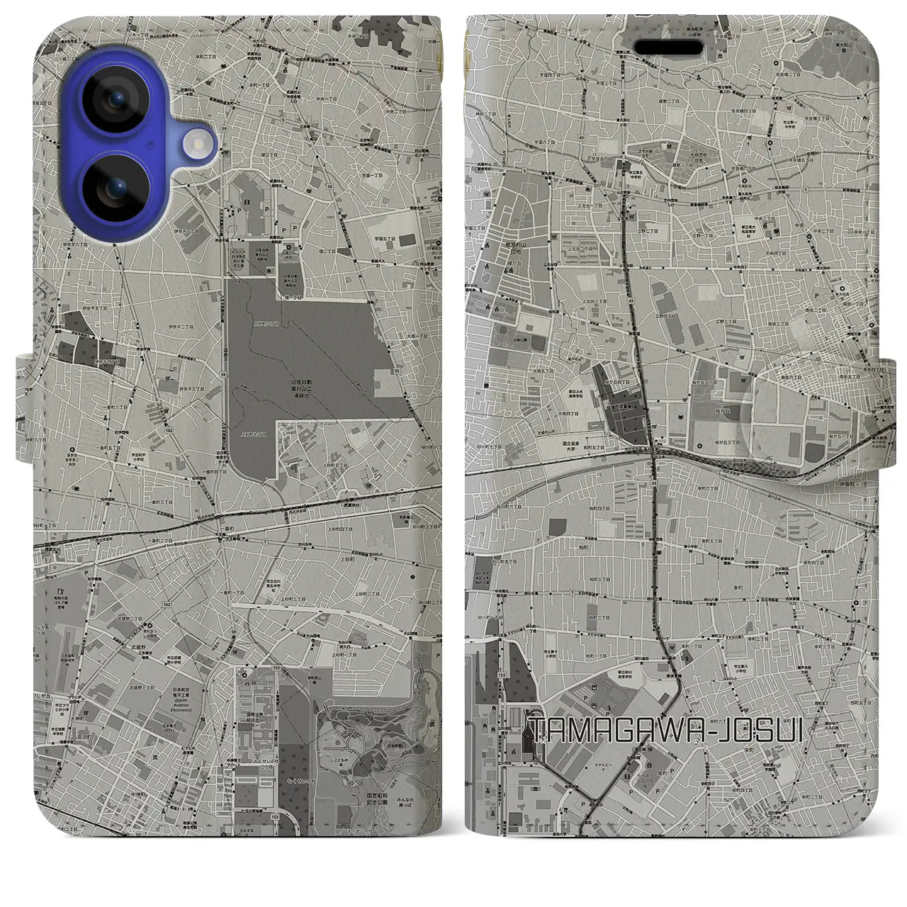 【玉川上水(東京都)】地図柄iPhoneケース(手帳タイプ)モノトーン・iPhone 16 Pro Max 用