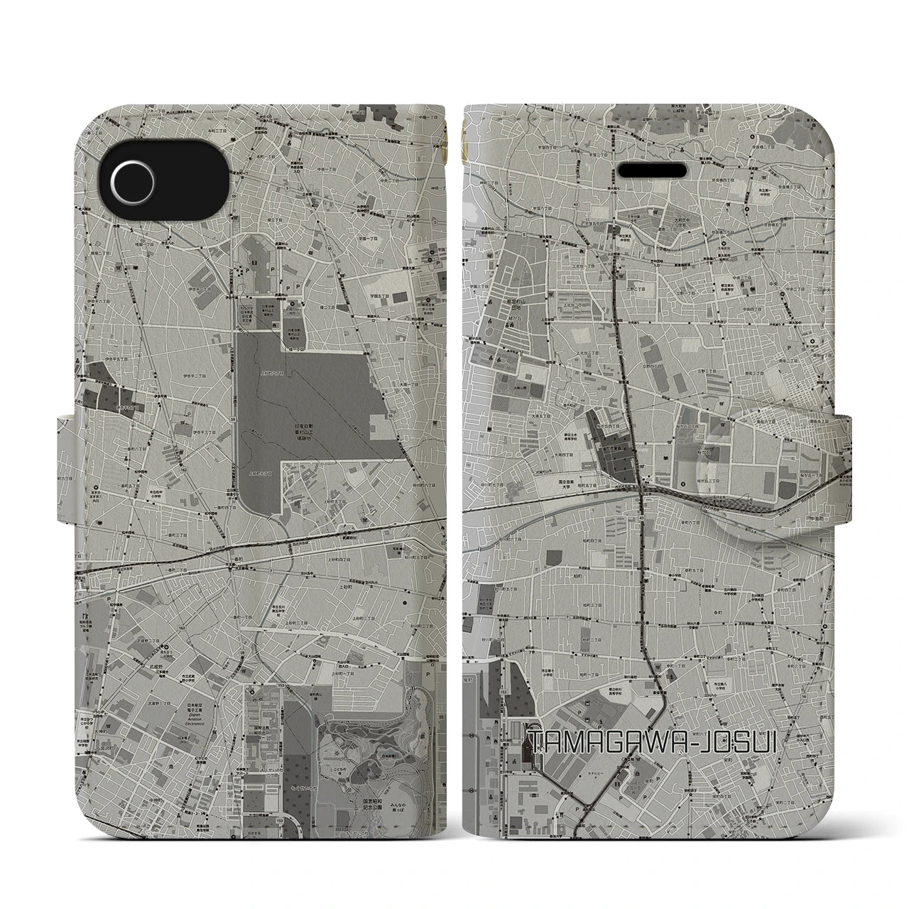 【玉川上水(東京都)】地図柄iPhoneケース(手帳タイプ)モノトーン・iPhone SE(第3 / 第2世代) / 8 / 7 / 6s / 6 用