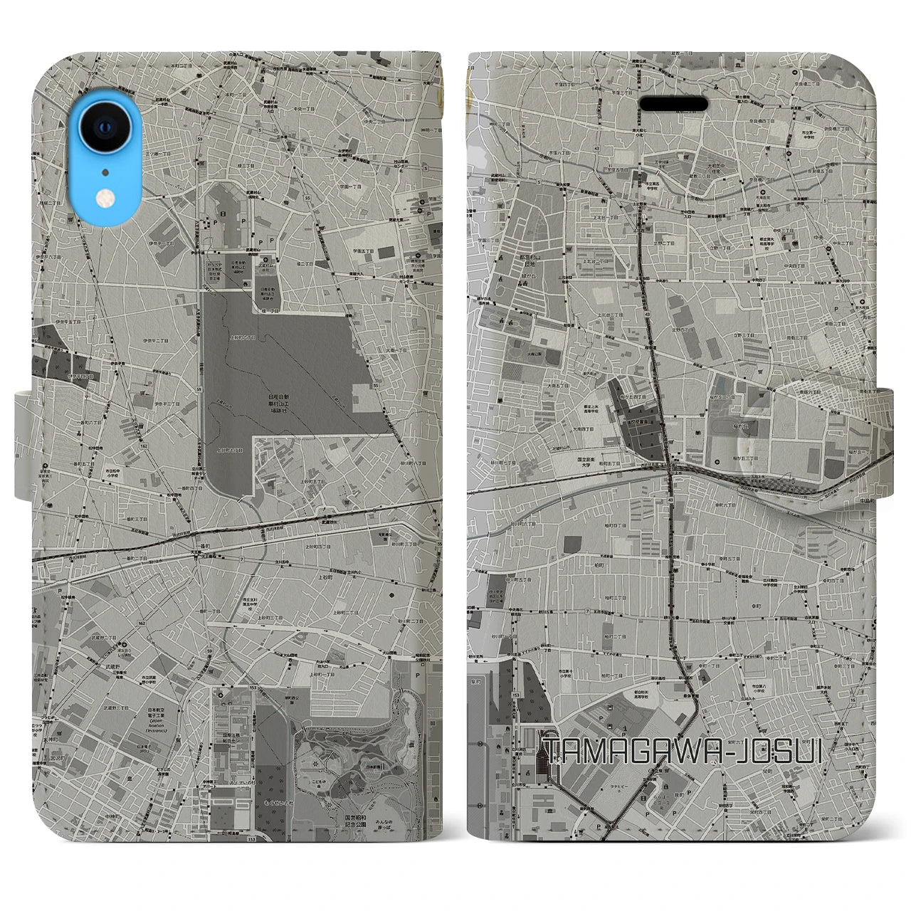 【玉川上水(東京都)】地図柄iPhoneケース(手帳タイプ)モノトーン・iPhone XR 用
