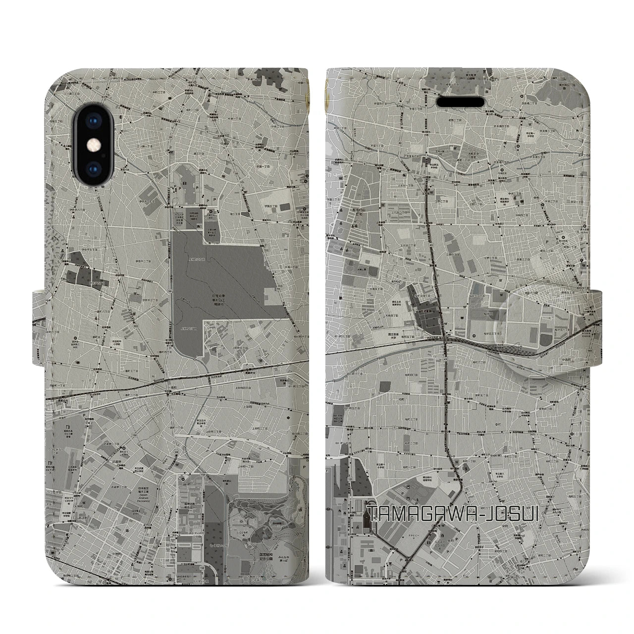 【玉川上水(東京都)】地図柄iPhoneケース(手帳タイプ)モノトーン・iPhone XS / X 用