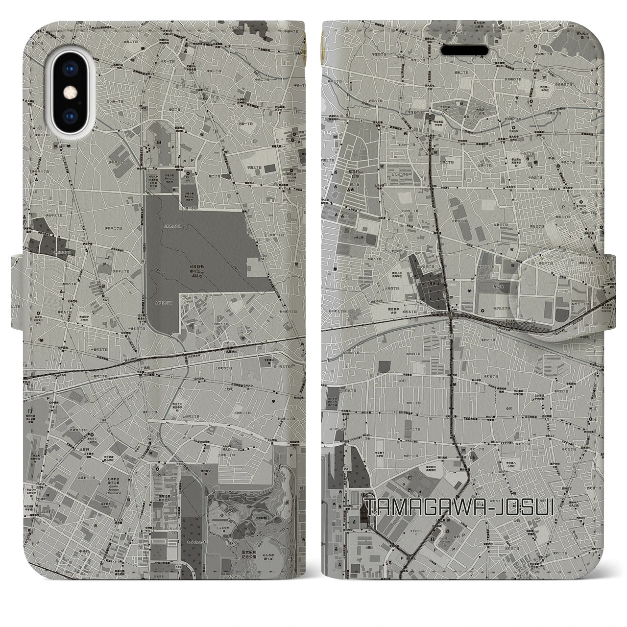 【玉川上水(東京都)】地図柄iPhoneケース(手帳タイプ)モノトーン・iPhone XS Max 用