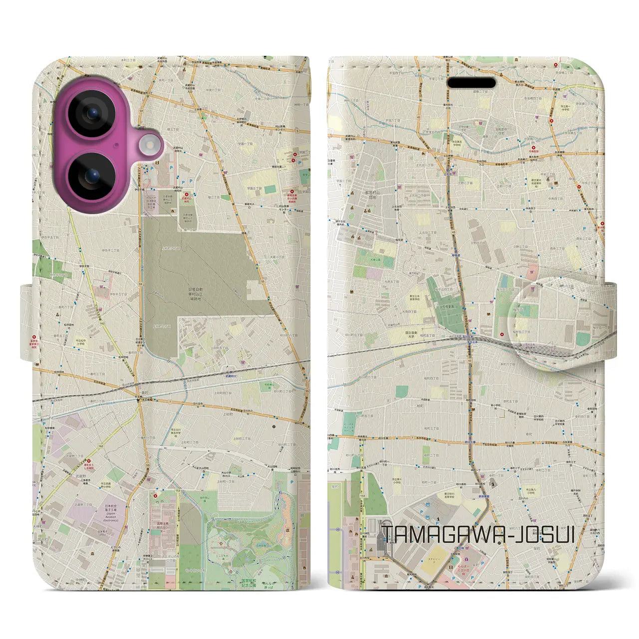 【玉川上水(東京都)】地図柄iPhoneケース(手帳タイプ)ナチュラル・iPhone 16 Pro 用