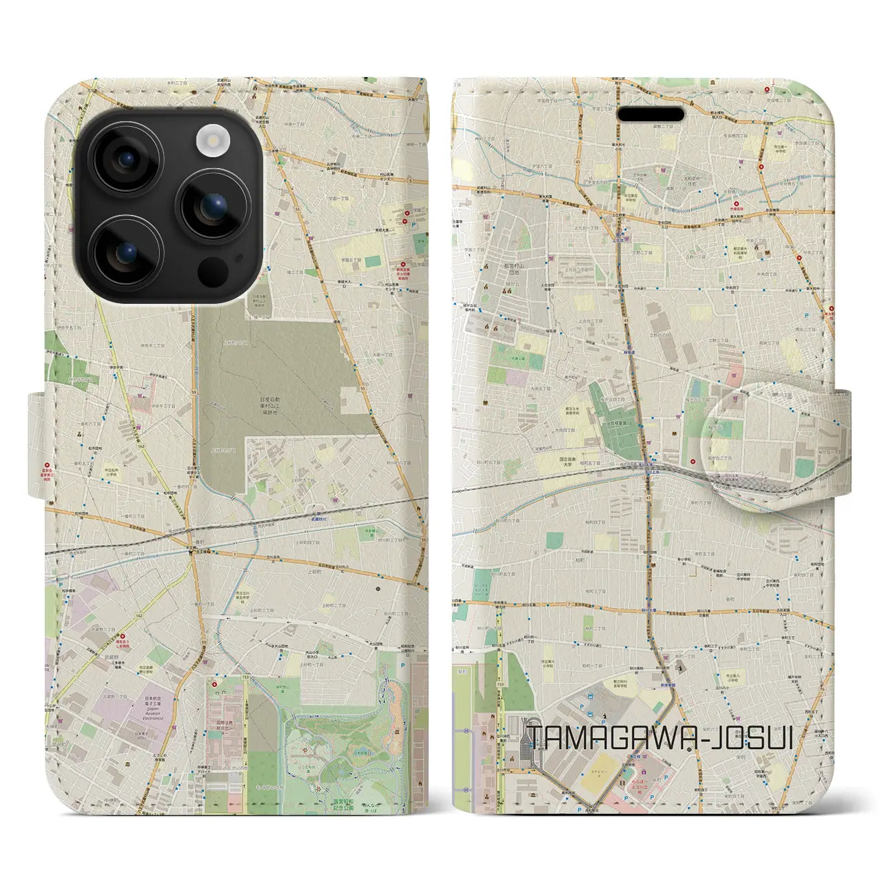 【玉川上水(東京都)】地図柄iPhoneケース(手帳タイプ)ナチュラル・iPhone 16 用