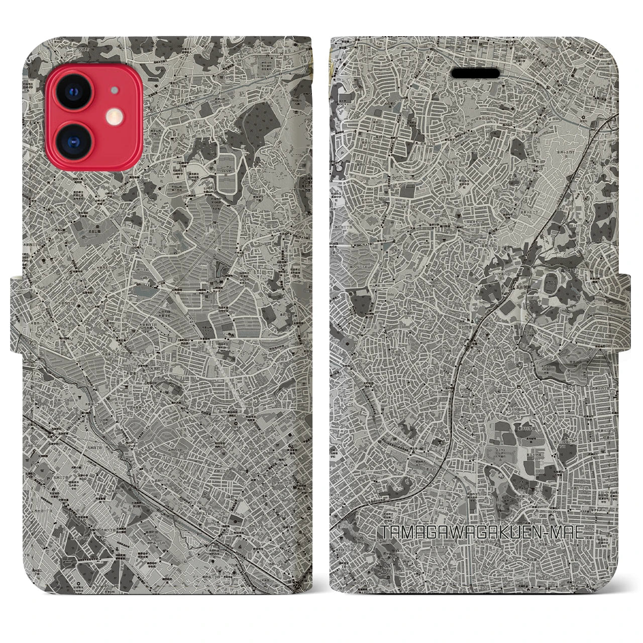 【玉川学園前(東京都)】地図柄iPhoneケース(手帳タイプ)モノトーン・iPhone 11 用