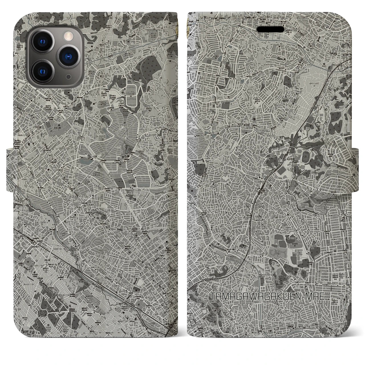 【玉川学園前(東京都)】地図柄iPhoneケース(手帳タイプ)モノトーン・iPhone 11 Pro Max 用