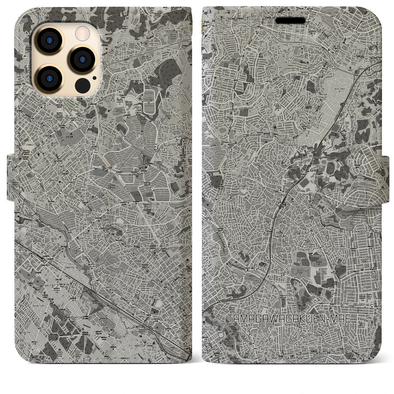 【玉川学園前(東京都)】地図柄iPhoneケース(手帳タイプ)モノトーン・iPhone 12 Pro Max 用