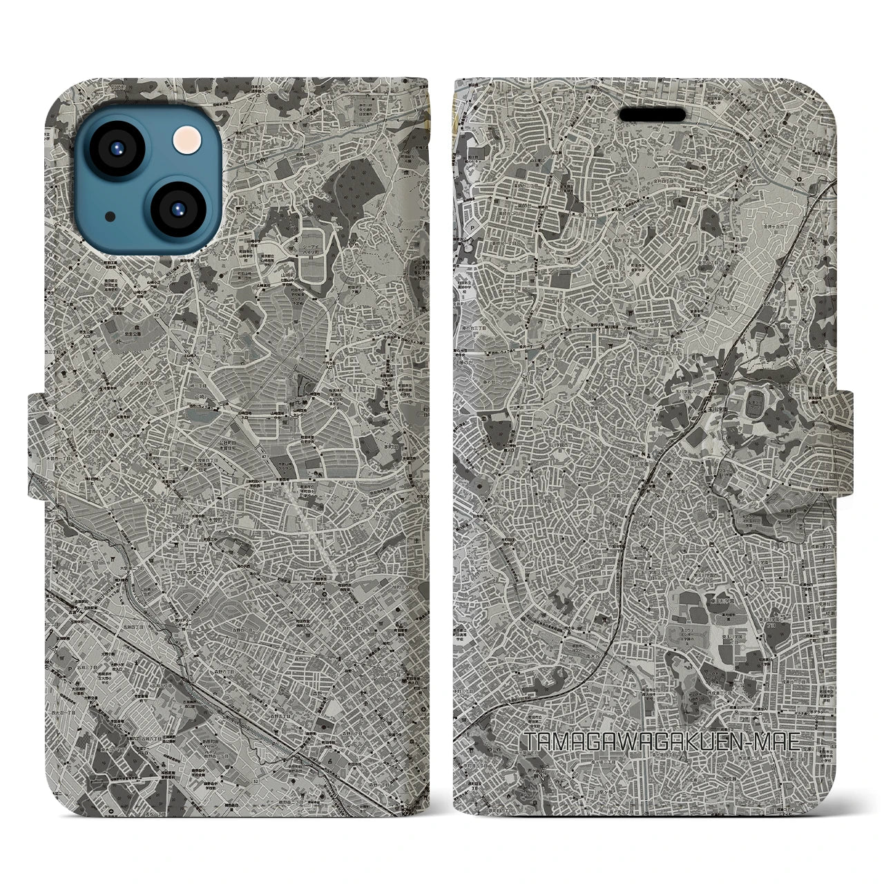 【玉川学園前(東京都)】地図柄iPhoneケース(手帳タイプ)モノトーン・iPhone 13 用