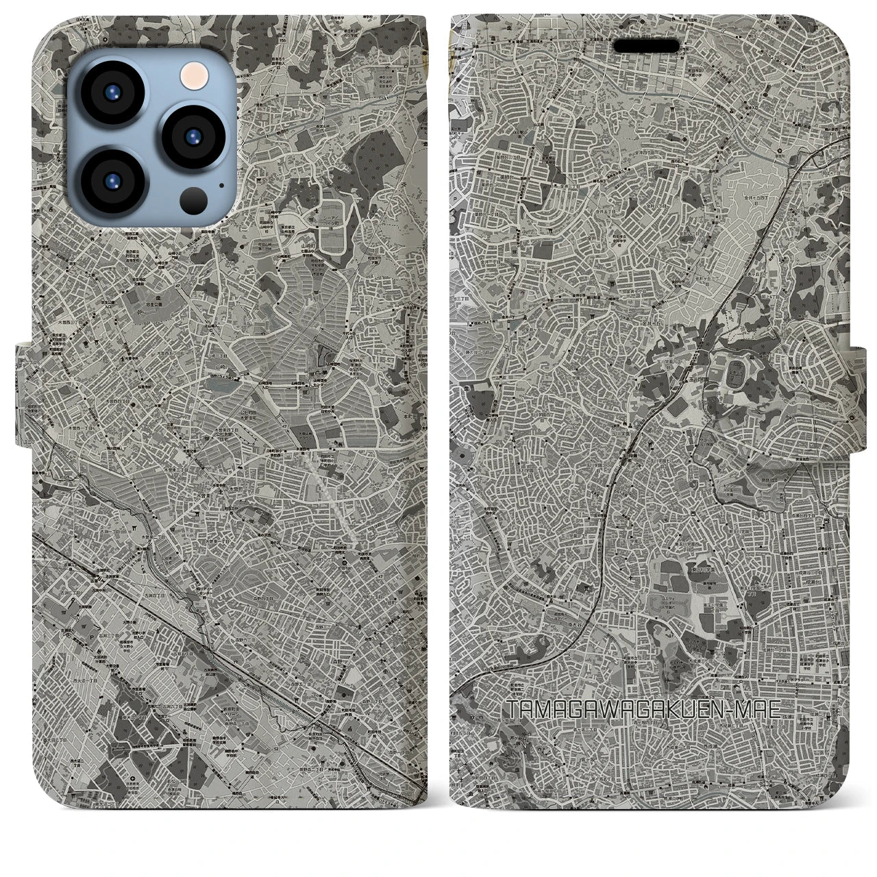 【玉川学園前(東京都)】地図柄iPhoneケース(手帳タイプ)モノトーン・iPhone 13 Pro Max 用