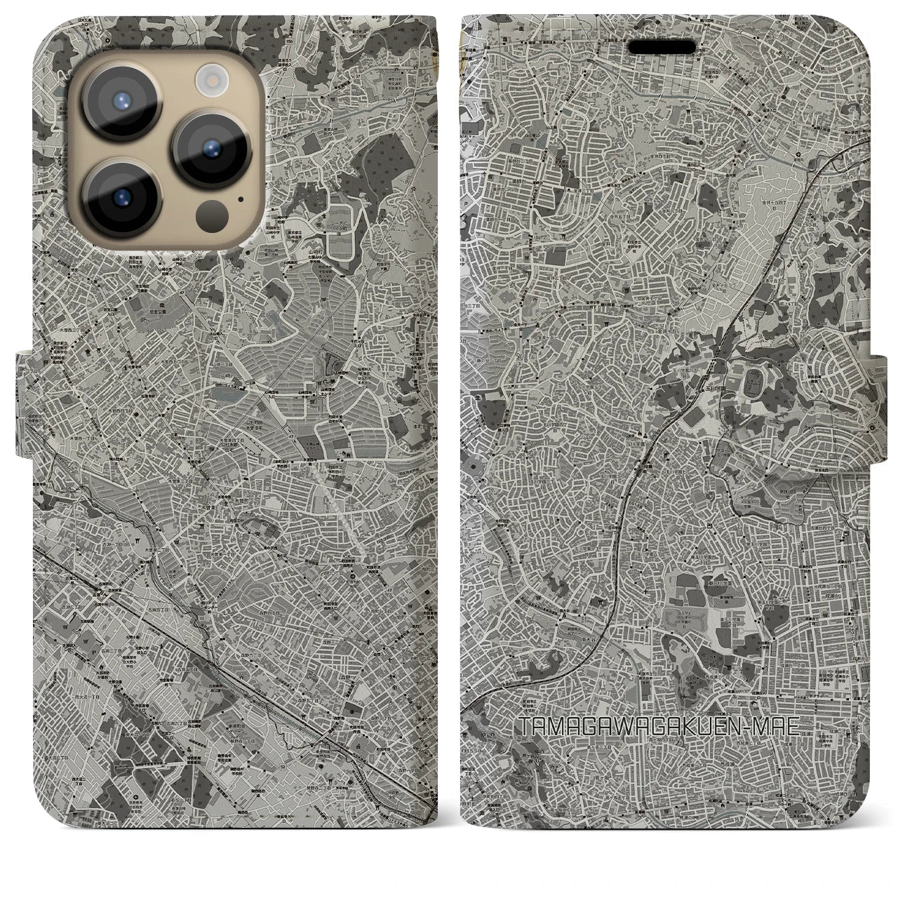 【玉川学園前(東京都)】地図柄iPhoneケース(手帳タイプ)モノトーン・iPhone 14 Pro Max 用