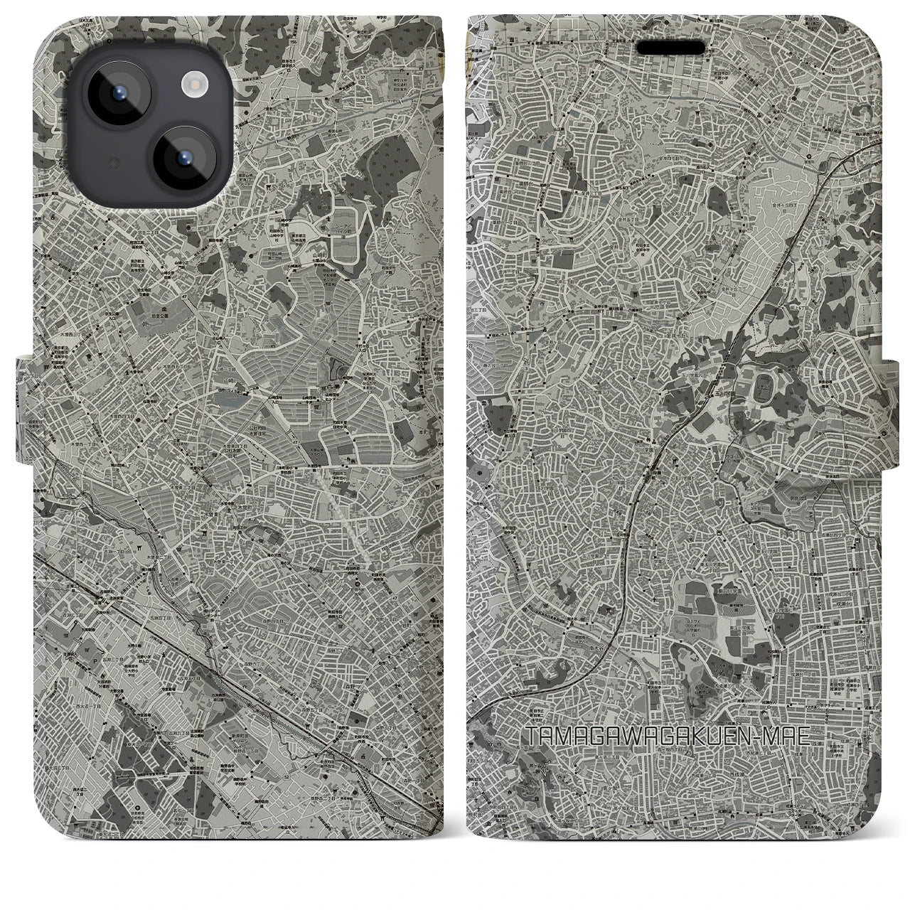 【玉川学園前(東京都)】地図柄iPhoneケース(手帳タイプ)モノトーン・iPhone 14 Plus 用