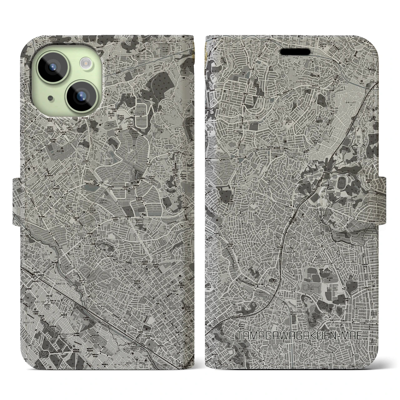 【玉川学園前(東京都)】地図柄iPhoneケース(手帳タイプ)モノトーン・iPhone 15 用