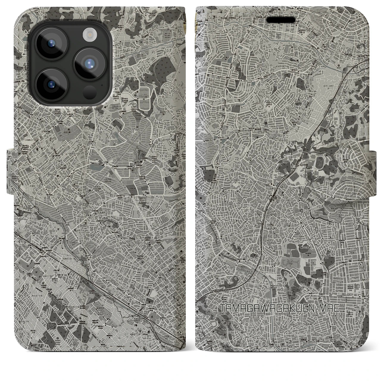 【玉川学園前(東京都)】地図柄iPhoneケース(手帳タイプ)モノトーン・iPhone 15 Pro Max 用