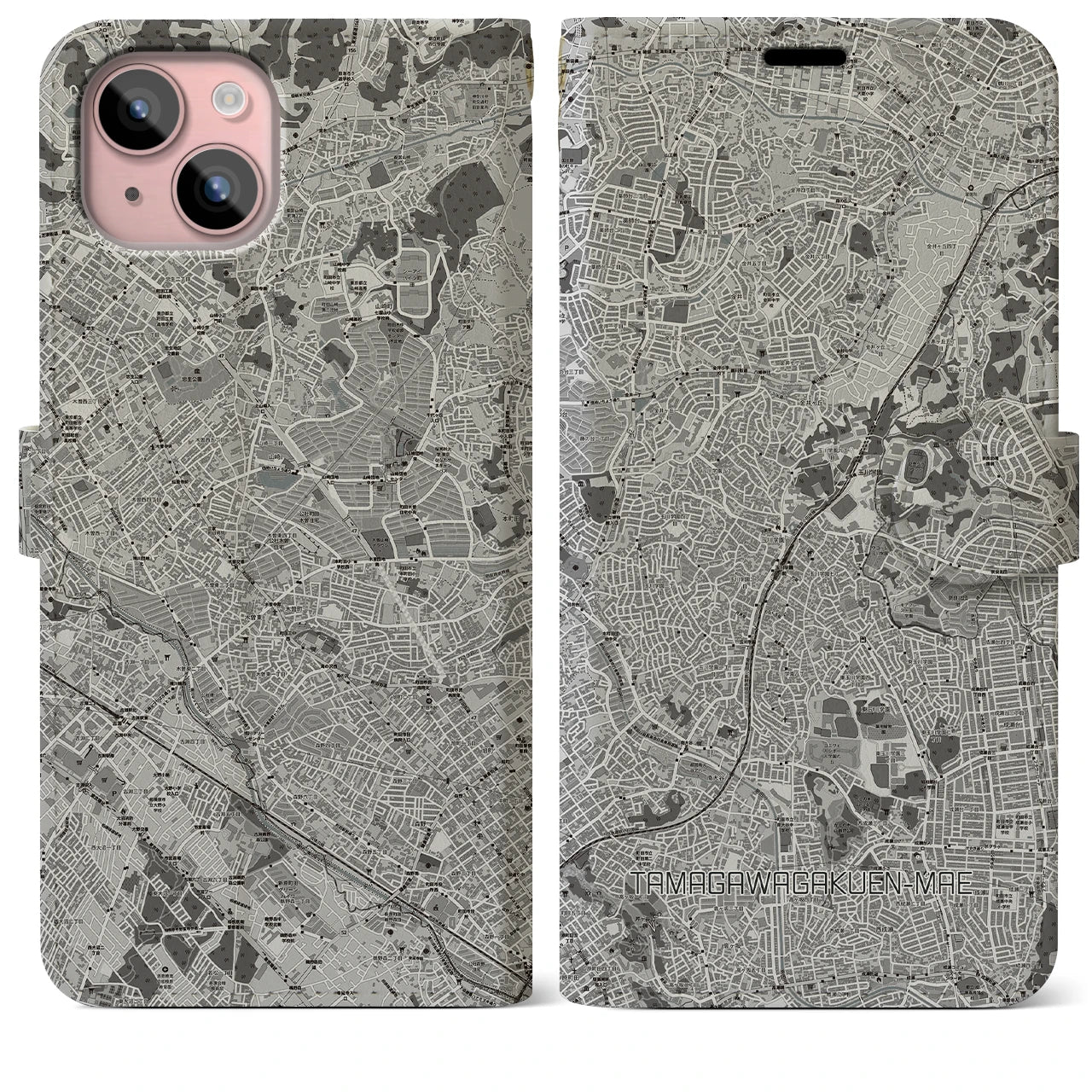 【玉川学園前(東京都)】地図柄iPhoneケース(手帳タイプ)モノトーン・iPhone 15 Plus 用