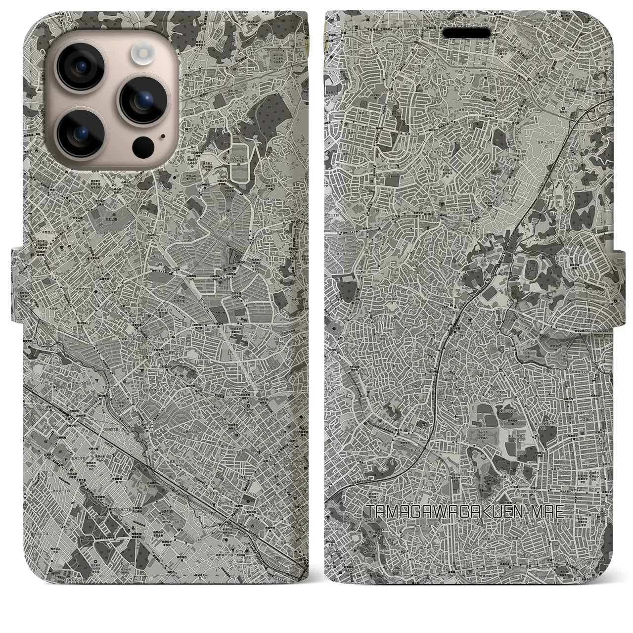 【玉川学園前(東京都)】地図柄iPhoneケース(手帳タイプ)モノトーン・iPhone 16 Plus 用
