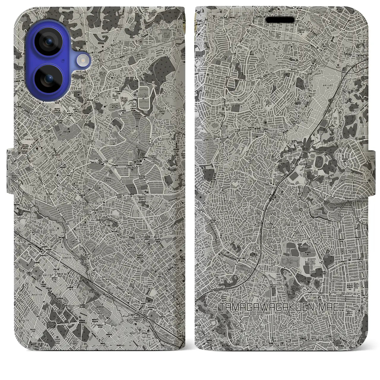 【玉川学園前(東京都)】地図柄iPhoneケース(手帳タイプ)モノトーン・iPhone 16 Pro Max 用