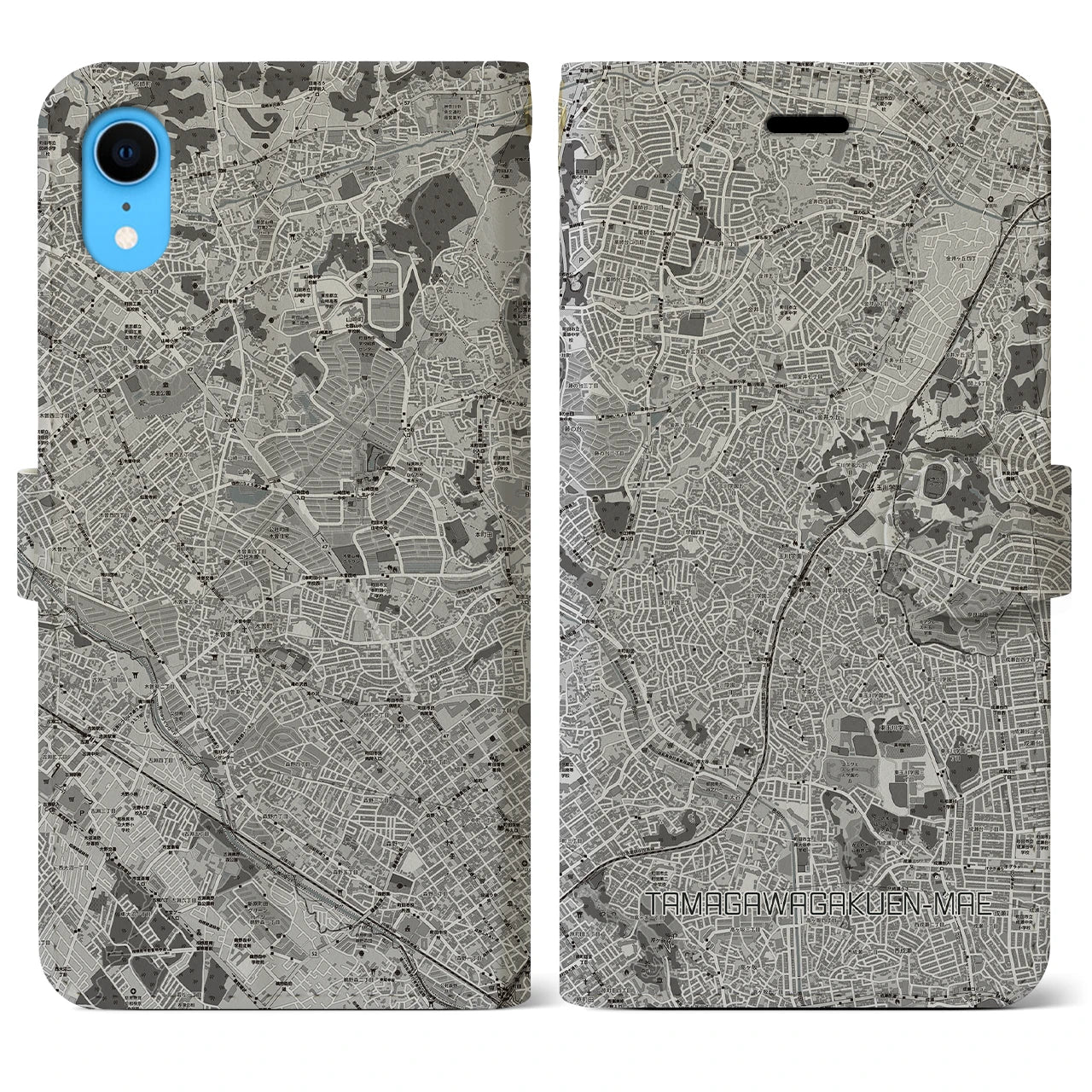 【玉川学園前(東京都)】地図柄iPhoneケース(手帳タイプ)モノトーン・iPhone XR 用