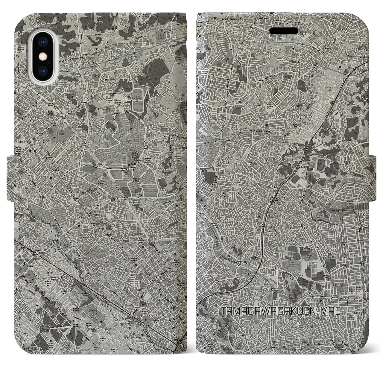 【玉川学園前(東京都)】地図柄iPhoneケース(手帳タイプ)モノトーン・iPhone XS Max 用