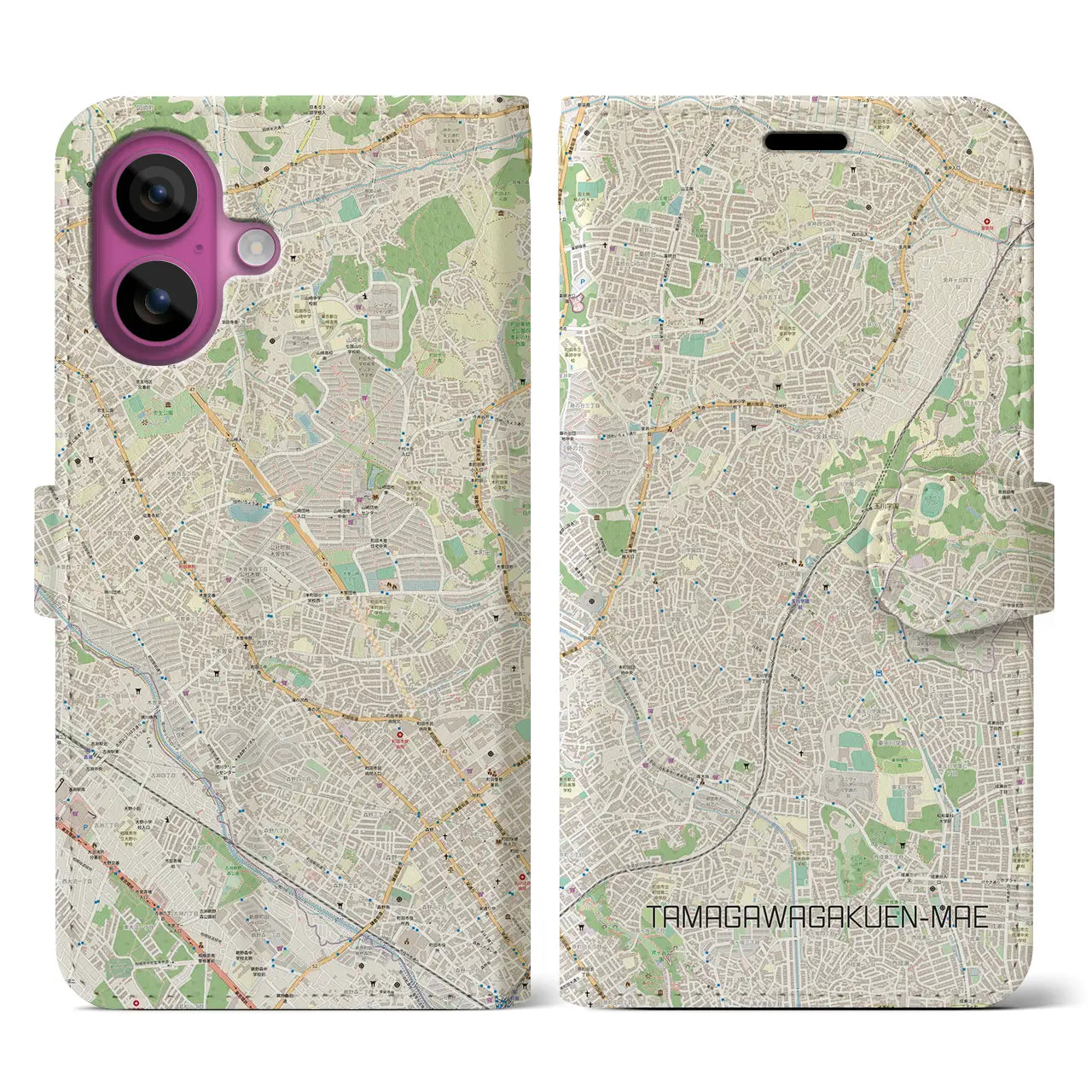 【玉川学園前(東京都)】地図柄iPhoneケース(手帳タイプ)ナチュラル・iPhone 16 Pro 用