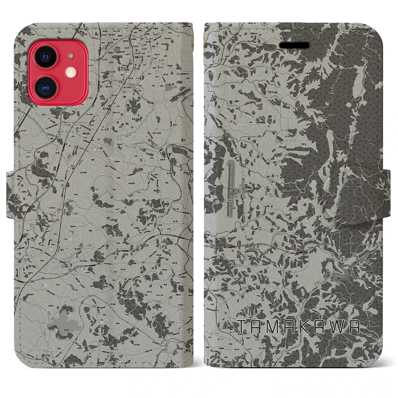 【玉川(福島県)】地図柄iPhoneケース(手帳タイプ)モノトーン・iPhone 11 用