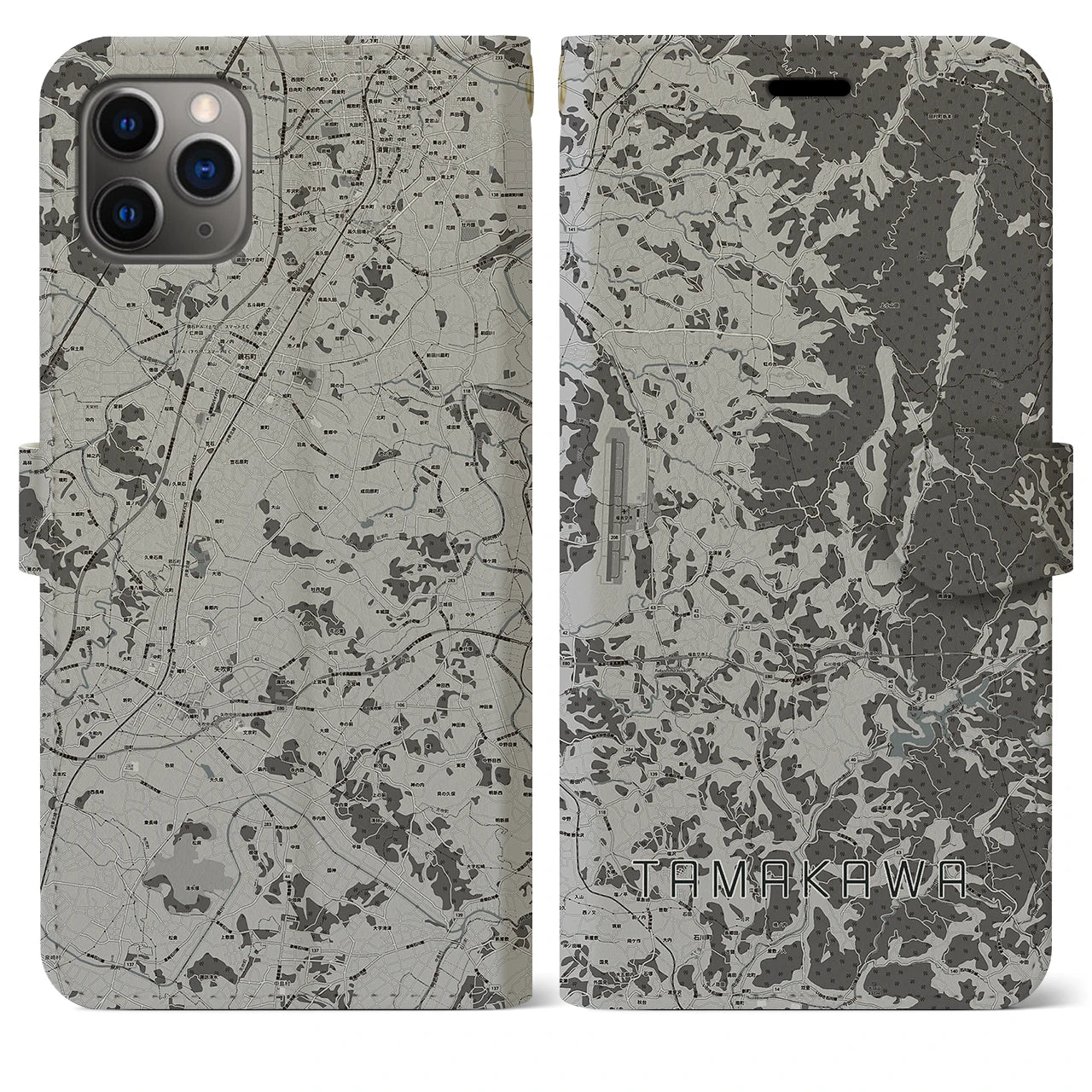 【玉川(福島県)】地図柄iPhoneケース(手帳タイプ)モノトーン・iPhone 11 Pro Max 用