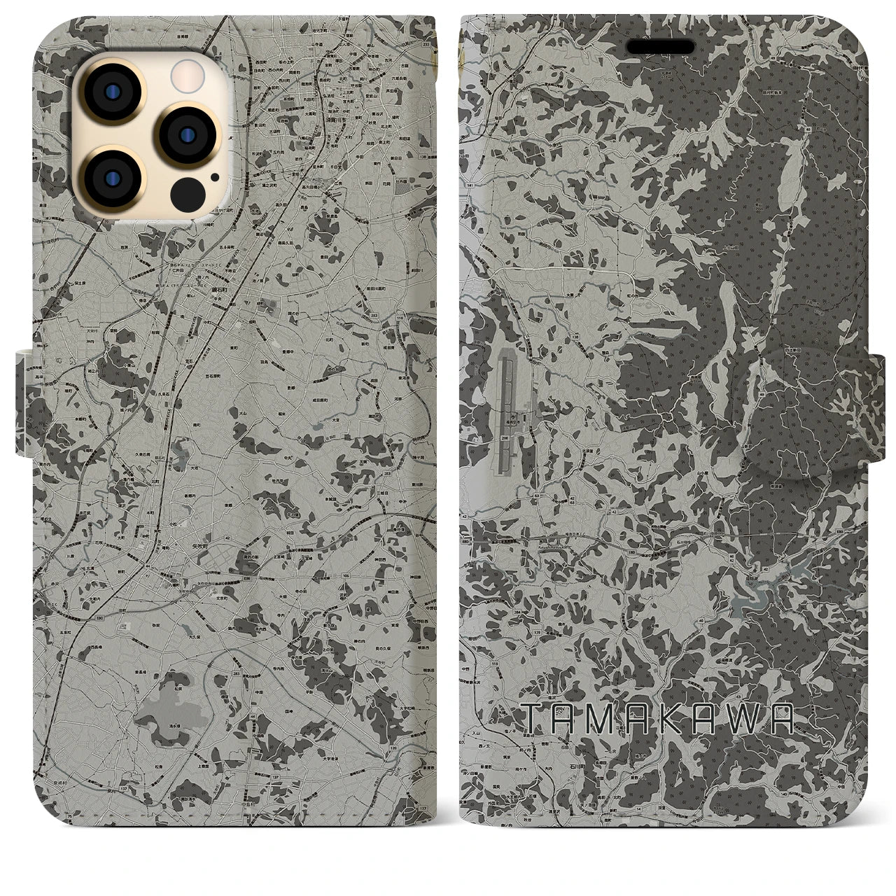 【玉川(福島県)】地図柄iPhoneケース(手帳タイプ)モノトーン・iPhone 12 Pro Max 用
