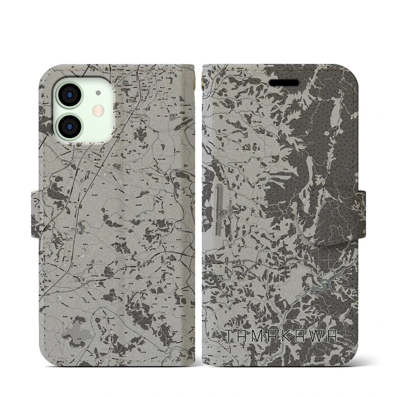 【玉川(福島県)】地図柄iPhoneケース(手帳タイプ)モノトーン・iPhone 12 mini 用