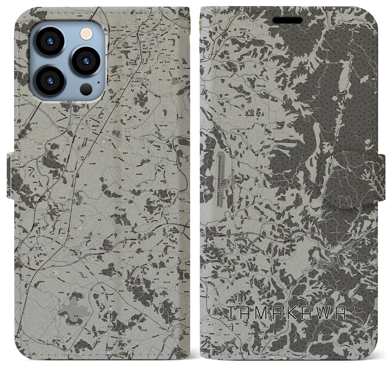 【玉川(福島県)】地図柄iPhoneケース(手帳タイプ)モノトーン・iPhone 13 Pro Max 用