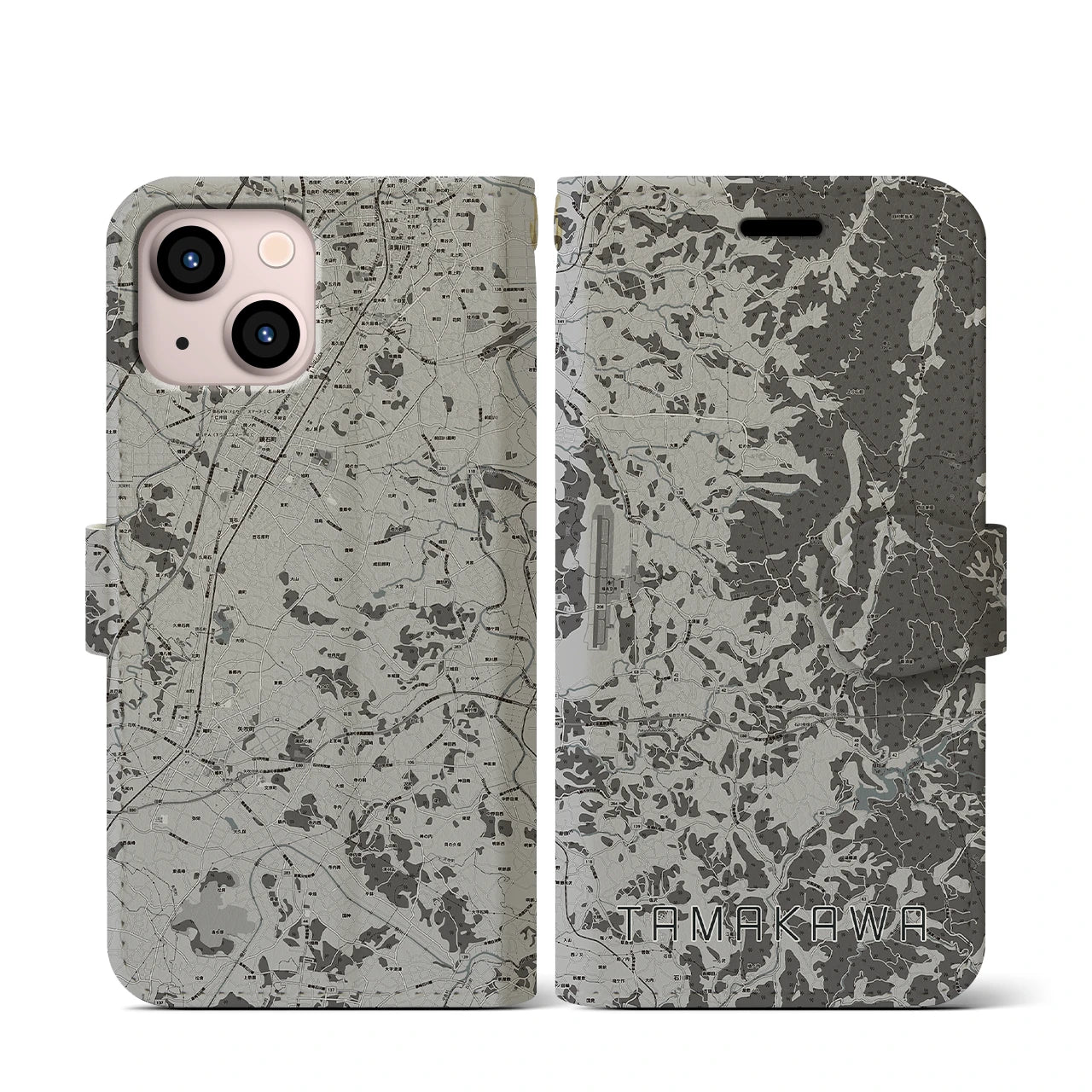 【玉川(福島県)】地図柄iPhoneケース(手帳タイプ)モノトーン・iPhone 13 mini 用
