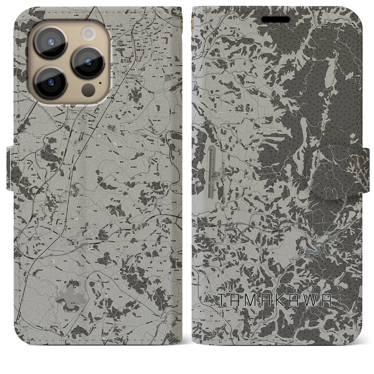 【玉川(福島県)】地図柄iPhoneケース(手帳タイプ)モノトーン・iPhone 14 Pro Max 用