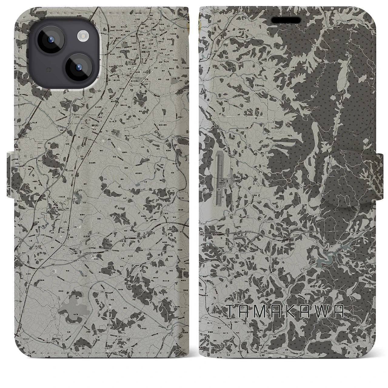 【玉川(福島県)】地図柄iPhoneケース(手帳タイプ)モノトーン・iPhone 14 Plus 用