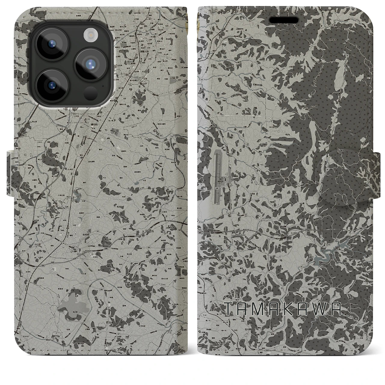 【玉川(福島県)】地図柄iPhoneケース(手帳タイプ)モノトーン・iPhone 15 Pro Max 用
