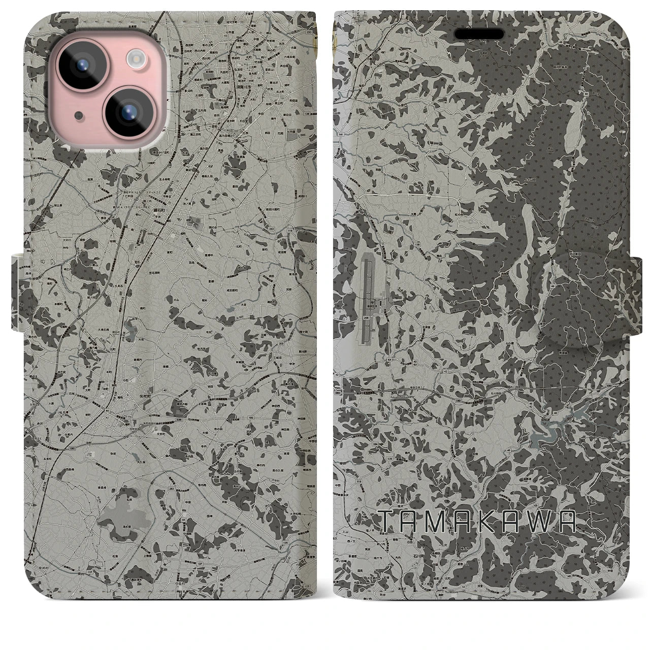 【玉川(福島県)】地図柄iPhoneケース(手帳タイプ)モノトーン・iPhone 15 Plus 用