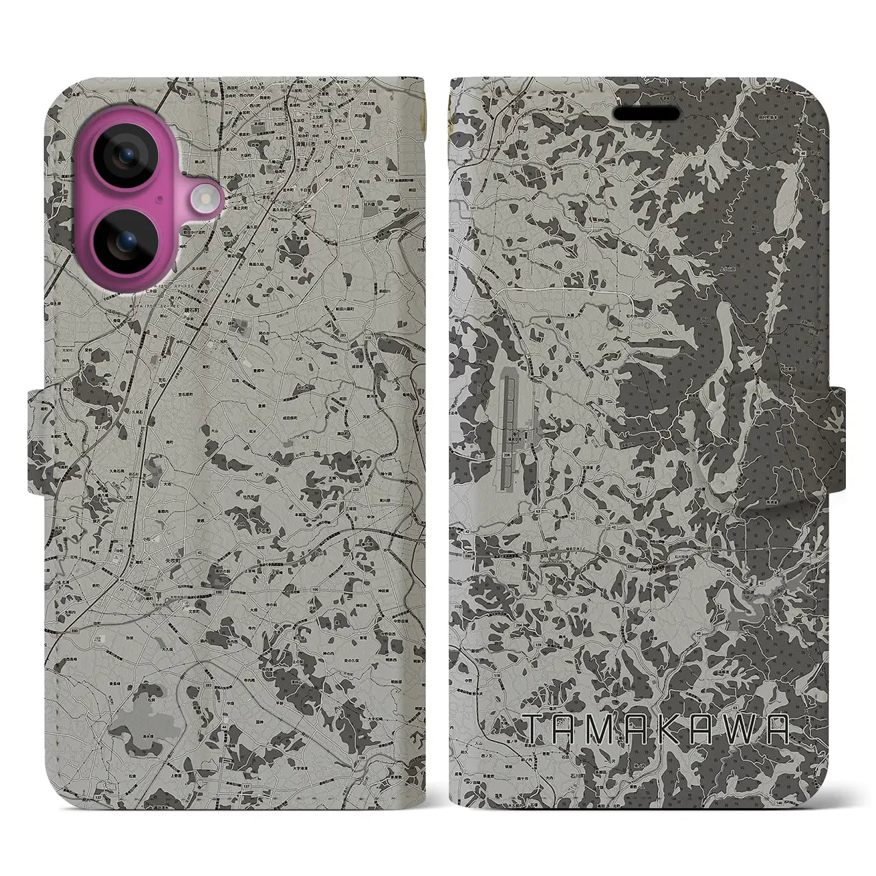 【玉川(福島県)】地図柄iPhoneケース(手帳タイプ)モノトーン・iPhone 16 Pro 用